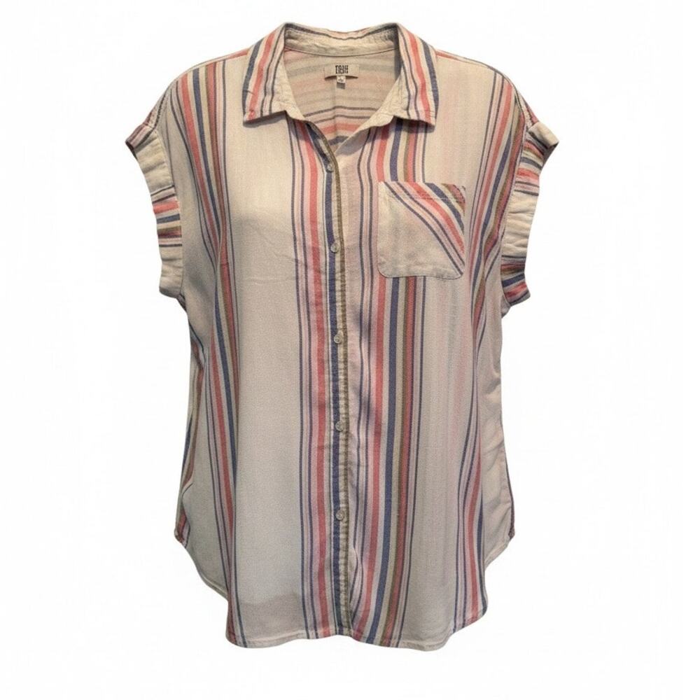 True Craft 1X Linen Blend Striped Button Front Shirt | Gold Lurex